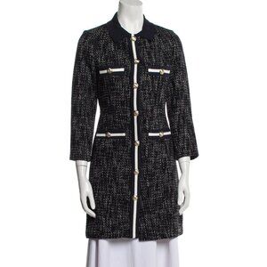 MAJE navy blue and white tweed dress with snaps up the front